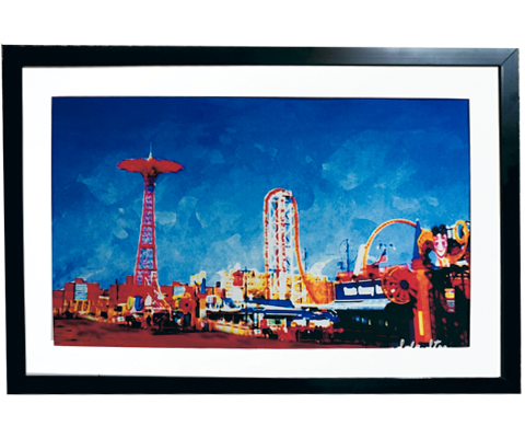 Coney Island Boardwalk Watercolor on Canvas Framed Wall Art 11" x 17"