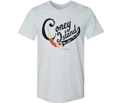 Coney Island t-shirt for adults vintage swimmer design on a light blue t-shirt, handmade gifts for everyone made in Brooklyn NY 