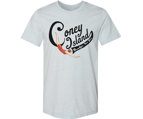 Coney Island t-shirt for adults vintage swimmer design on a light blue t-shirt, handmade gifts for everyone made in Brooklyn NY