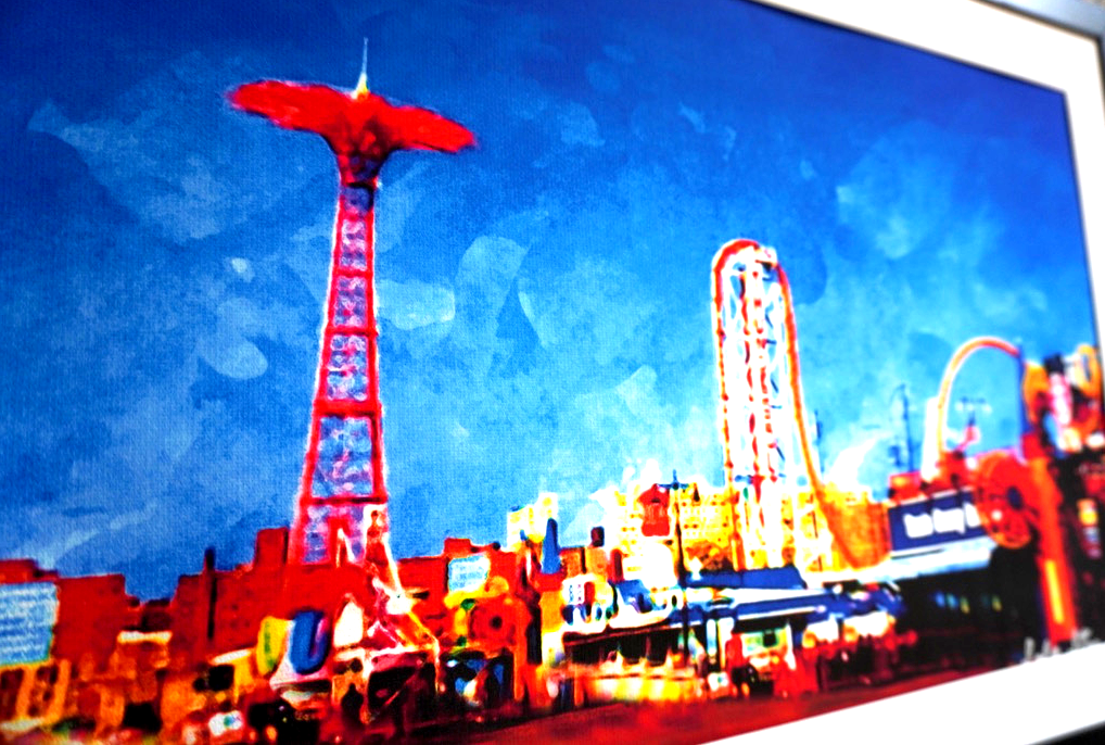 Coney Island Boardwalk Watercolor on Canvas Framed Wall Art 11" x 17"