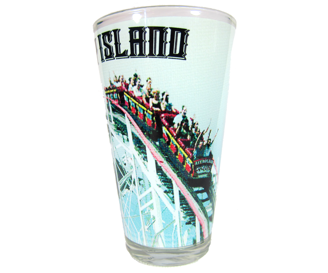 Coney Island Pines glass, fun Cyclone roller coaster design on a handmade pint glass, handmade gifts for everyone made in Brooklyn NY