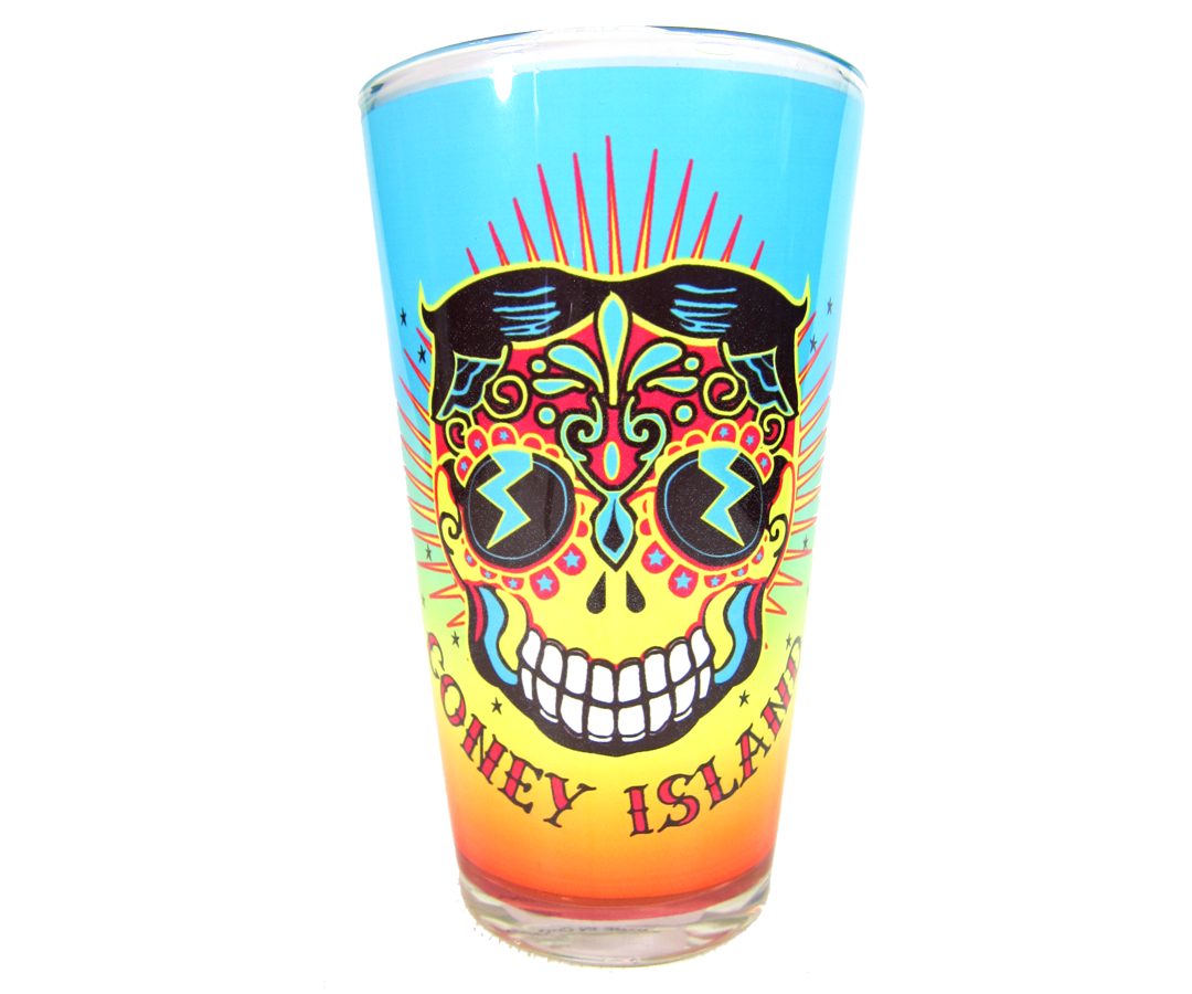 Coney Island pint glass, vibrant, colorful Tillie Day of the Dead design on a handmade pint glass, handmade gifts made in Brooklyn NY