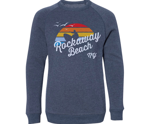 Rockaway beach sweatshirt for ladies, retro surfer design, blue crew neck sweatshirt,Handmade gifts for adults made in Brooklyn NY