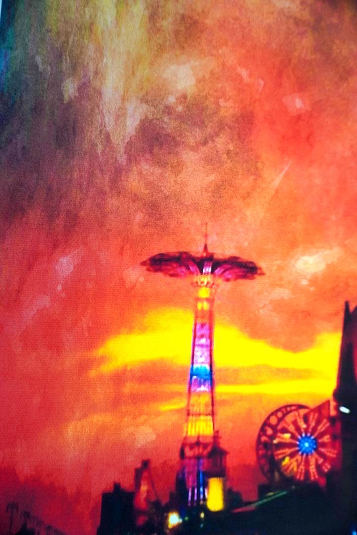 "Magic Hour Magic" Coney Island Boardwalk Watercolor on Canvas Framed Wall Art 11" x 17"