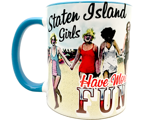 Staten Island mug, fun Staten Island girls have more fun print on a vintage ladies swimsuit beach backdrop with a blue handle and interior, handmade mug, handmade gifts made in Brooklyn NY