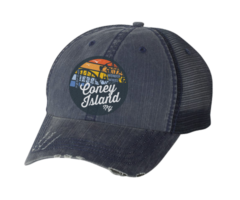 Load image into Gallery viewer, Coney island hat,rainbow surfer patch , distressed navy blue mesh classic baseball cap, hand-applied patch, handmade gifts made for everyone in Brooklyn NY 
