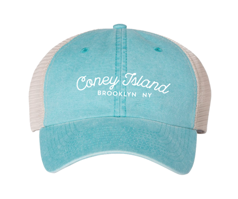 Coney Island hat, coneytown script design on a baby blue classic baseball cap with a white mesh back, hand-printed, handmade gifts for everyone made in Brooklyn NY