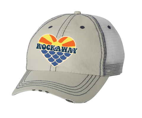 Rockaway Beach hat, Rockaway Sunset mermaid heart patch design on a distressed Classic Tan baseball cap with a mesh back, and applied patch, handmade gifts for everyone made in Brooklyn NY