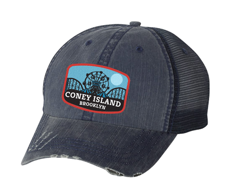 Coney Island hat, Blue Moon amusement park patch design on a distressed navy blue mesh back classic baseball cap, and applied patch, handmade gifts for everyone made in Brooklyn NY