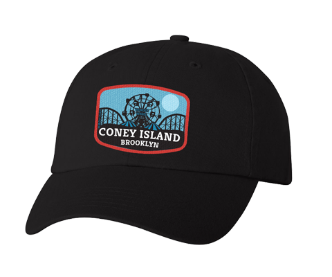 Coney Island hat, Blue Moon amusement park patch design with red trim on a navy blue classic baseball cap, hand-applied patch, handmade gifts for everyone made in Brooklyn NY