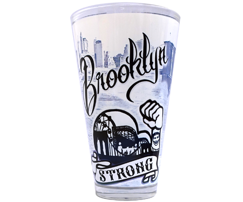 Brooklyn pint glass, classic Brooklyn Cyclone roller coaster design on a black and white handmade pint glass, handmade gifts for everyone made in Brooklyn NY