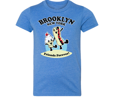 Load image into Gallery viewer, Brooklyn t-shirt for kids, Whimsical, fun hot dog and ice cream cone character design on a light blue t-shirt, handmade gifts for kids made in Brooklyn NY

