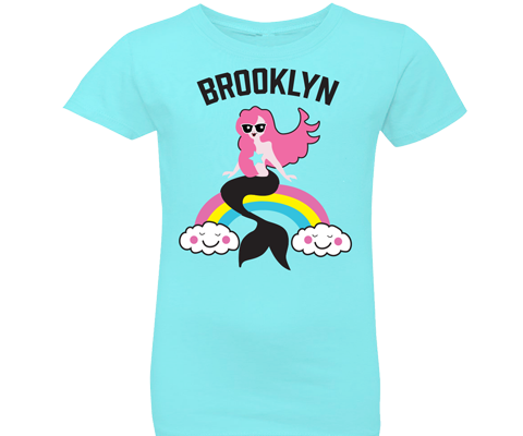 Brooklyn t-shirt for kids, cool rainbow mermaid design, t-shirts for girls, aqua color, handmade gifts for kids made in Brooklyn NY