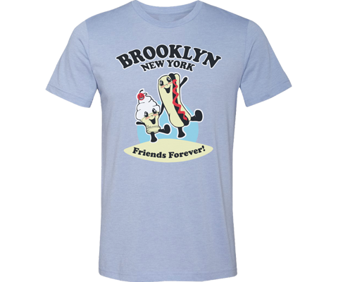 Brooklyn t-shirts for adults, Whimsical hot dog and ice cream character design on a light blue t-shirt, handmade gifts for everyone made in Brooklyn