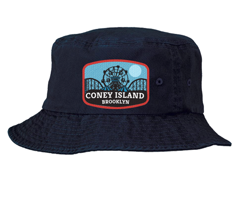 Coney Island bucket hat, Blue Moon amusement park patch design with red trim on a navy blue bucket hat, and a hand applied patch, handmade gifts for everyone made in Brooklyn NY