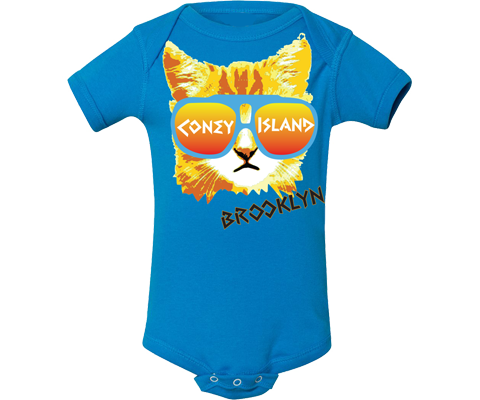 Rad cat onesie. Coney Island onesie. Rad Cat design on a blue color backdrop. Handmade gifts for babies and parents to be made in Brooklyn New York.