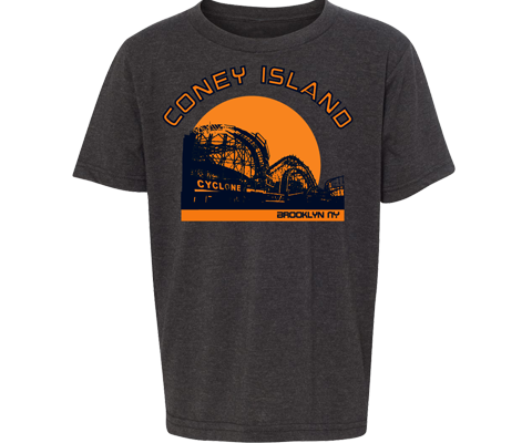 Coney island T-shirt for kids, retro Sunset design with Cyclone roller coaster, handmade gifts for kids made in Brooklyn NY