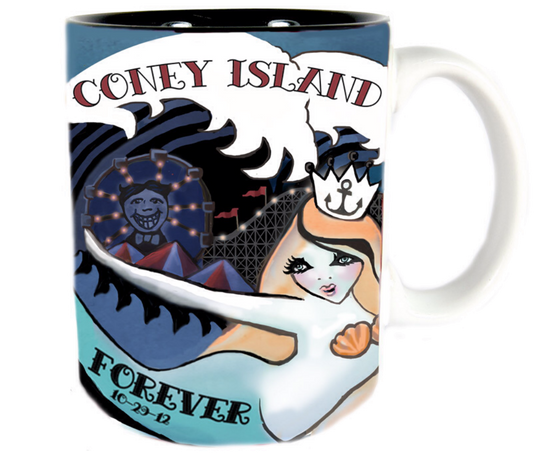 Coney Island mug classic mermaid and wave design on a Coney Island mug handmade gifts for everyone made in Brooklyn NY