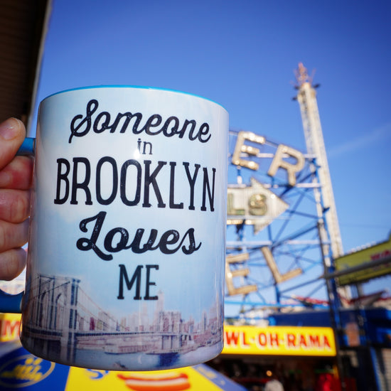  Brooklyn  mug, someone in Brooklyn loves me Print with the New York skyline backdrop with a blue handle interior, handmade mug, handmade gifts made in Brooklyn NY 