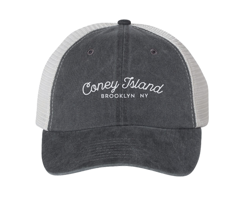  Coney Island hat, coneytown script design on a gray classic baseball cap with a white mesh back, hand-printed, handmade gifts for everyone made in Brooklyn NY