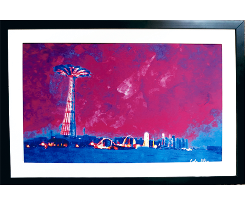 "Deep Blue Dreams" Parachute Drop Coney Island Watercolor on Canvas Framed Wall Art 11" x 17"