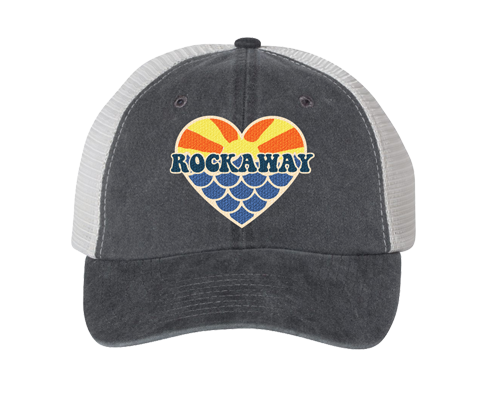 Load image into Gallery viewer, Rockaway Beach hat, Rockaway Sunset mermaid heart patch design on a classic black embroidered baseball cap, hand-applied patch, handmade gifts for everyone made in Brooklyn NY
