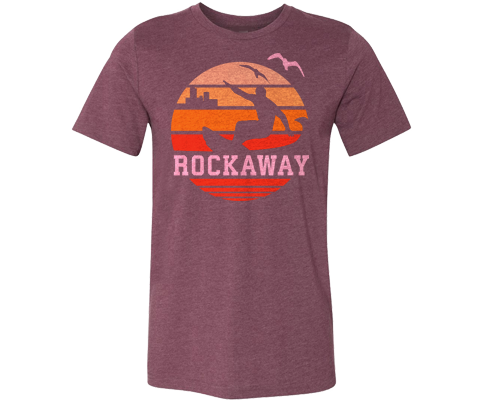 Rockaway Beach t-shirt for adults, vintage 1970s orange Sunrise design on a maroon t-shirt, handmade gifts for everyone made in Brooklyn NY