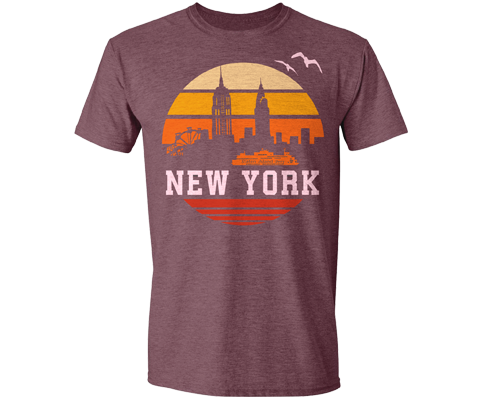 New York Orange Sunrise Tee Shirt in Heather Maroon