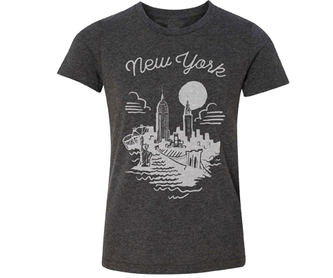 New York White Sketch Kids Tee in Heather Charcoal
