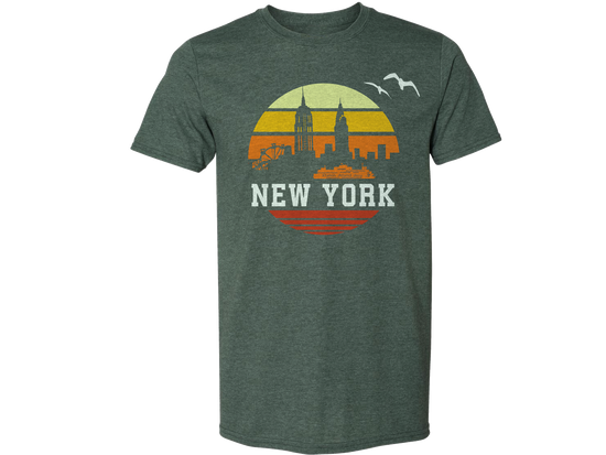 New York Orange Sunrise Tee Shirt in Heather Forest