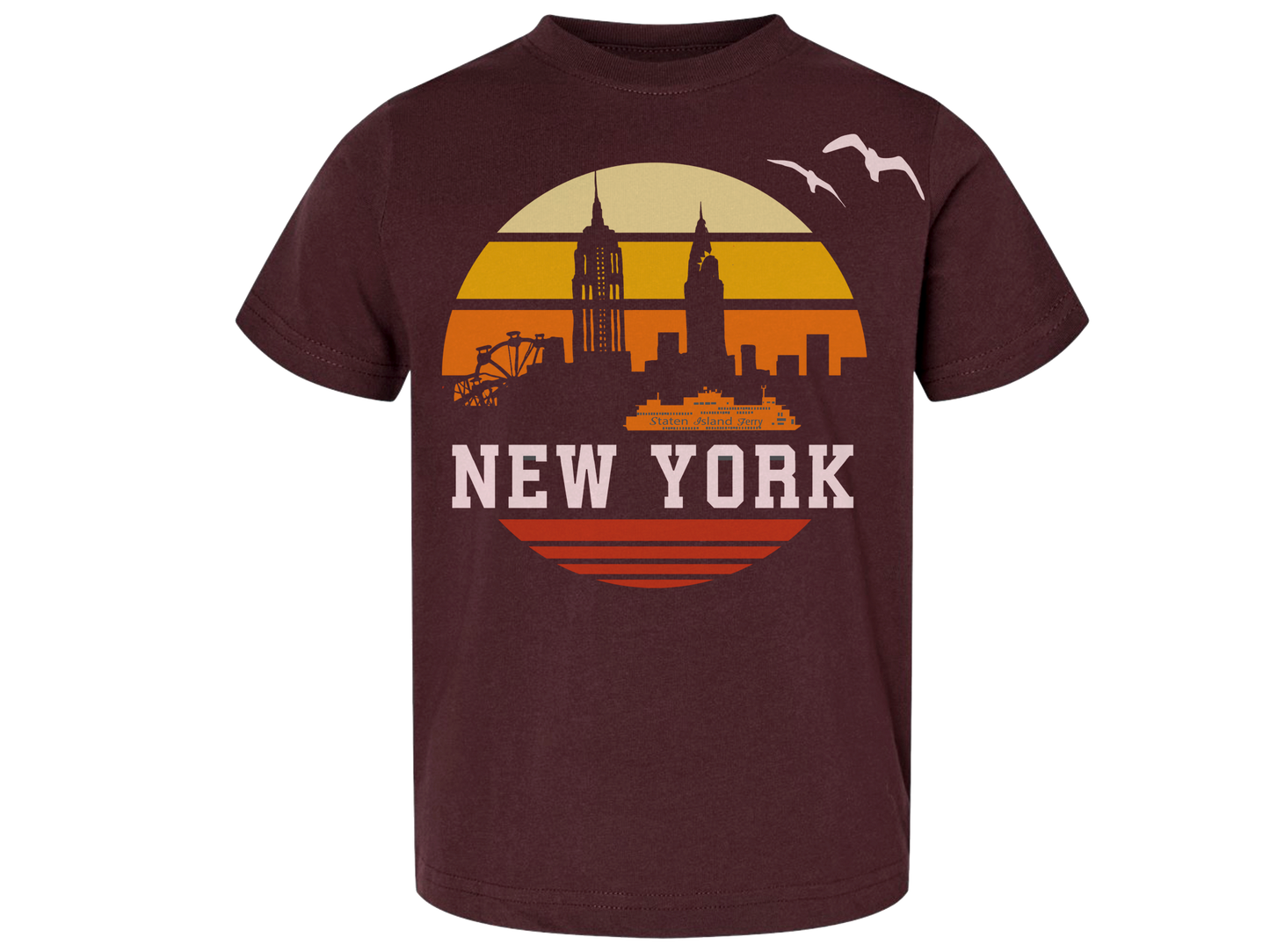 New York Orange Sunrise Toddler Tee in Vintage Burgundy