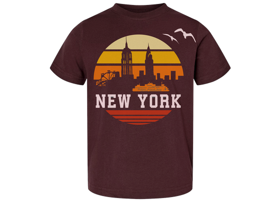 New York Orange Sunrise Toddler Tee in Vintage Burgundy