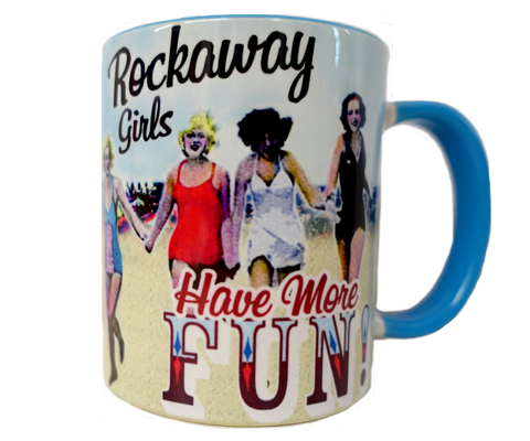 Rockaway Beach mug, Rockaway girls have more fun prints with ladies and vintage swimsuits on a sandy beach backdrop, handmade magnet, handmade gifts made in Brooklyn NY 