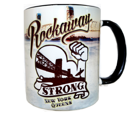 Rockaway Beach mug, Rockaway Queens, New York strong print on a Sunset Ridge backdrop, handmade mug, handmade gifts made in Brooklyn NY