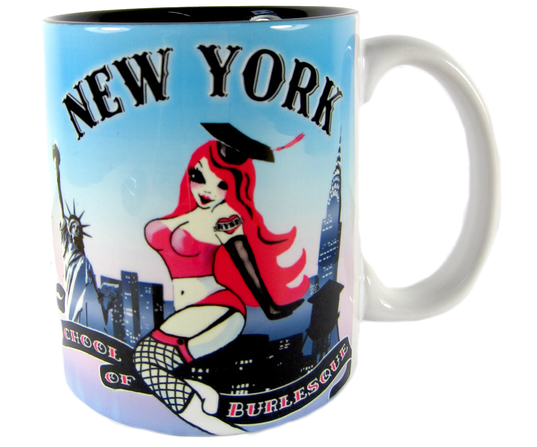 Burlesque mug, sexy School of burlesque design with the New York skyline on a white mug with a black interior, handmade mug, handmade gifts made in Brooklyn NY