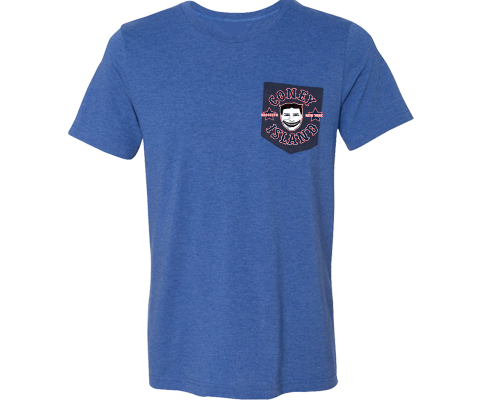 Coney Island t-shirt for adults, vintage Steeplechase funny face design on a blue T-shirt with a pocket, handmade gifts for everyone made in Brooklyn NY 