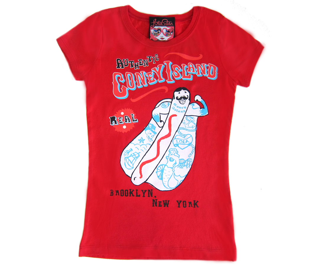 Coney Island t-shirt for girls, Whimsical fun hot dog strongman design on a fitted red t-shirt, handmade gifts made for kids made in Brooklyn NY