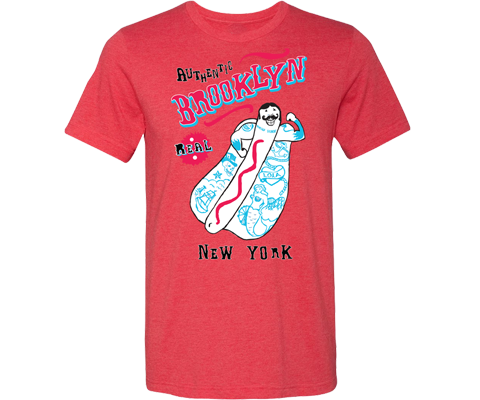 Brooklyn t-shirt for adults, Whimsical fun hot dog strongman design on a red Heather t-shirt, handmade gifts for everyone made in Brooklyn NY