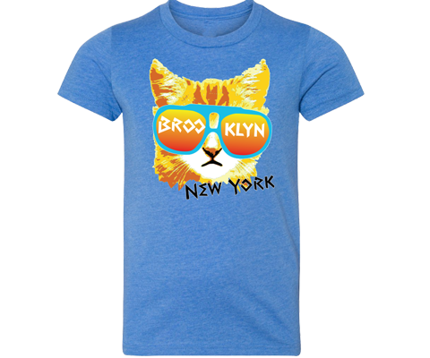 Brooklyn t-shirt for kids, adorable fun cat design on a blue t-shirt, handmade gifts for kids made in Brooklyn NY