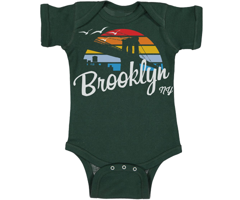 Brooklyn Baby Onesie, retro surfer and rainbow design on a green babies onesie, handmade gifts for babies made in Brooklyn NY