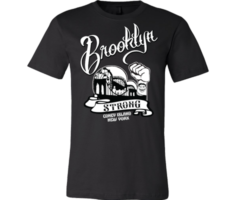 Brooklyn t-shirt for adults Cyclone with a muscle arm design on a black T-shirt, handmade for everyone made in Brooklyn NY 