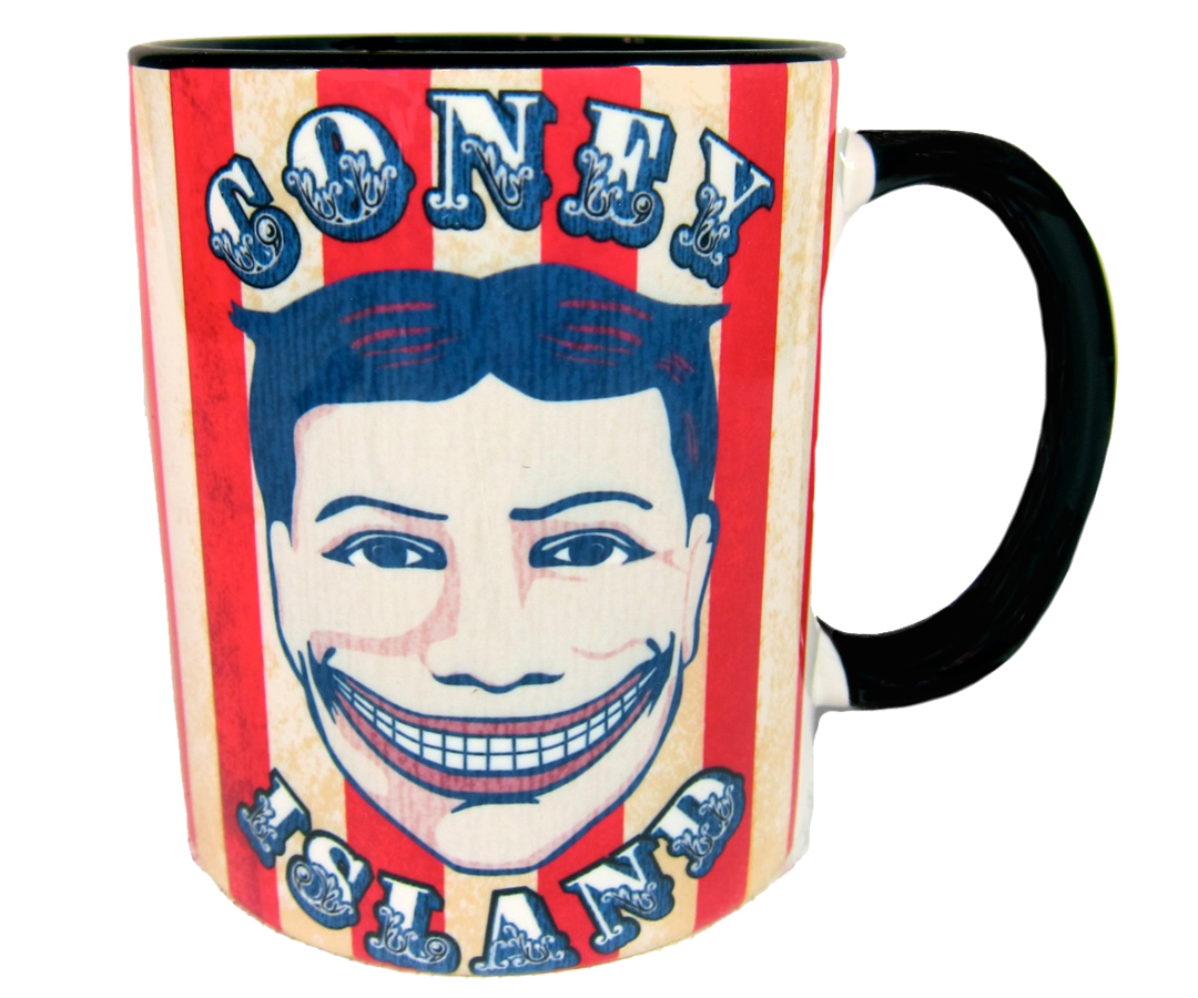 Coney Island mug, vintage Steeplechase funny face design on a red and white striped background, handmade mug, handmade gifts made in Brooklyn NY