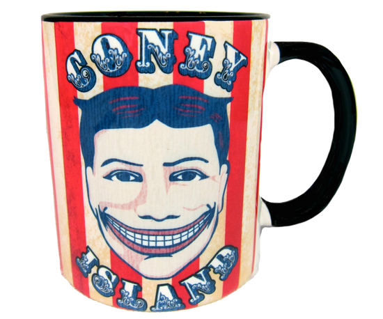  Coney Island mug, vintage Steeplechase funny face design on a red and white striped background, handmade mug, handmade gifts made in Brooklyn NY