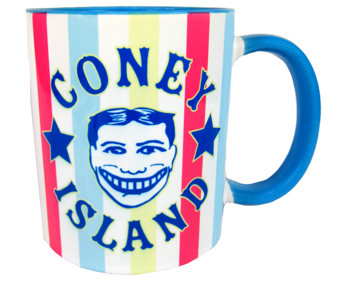 Coney Island mug, Coney Island print with a funny face Steeplechase design on a rainbow striped background with a blue handle and interior, handmade mug, handmade gifts made in Brooklyn NY
