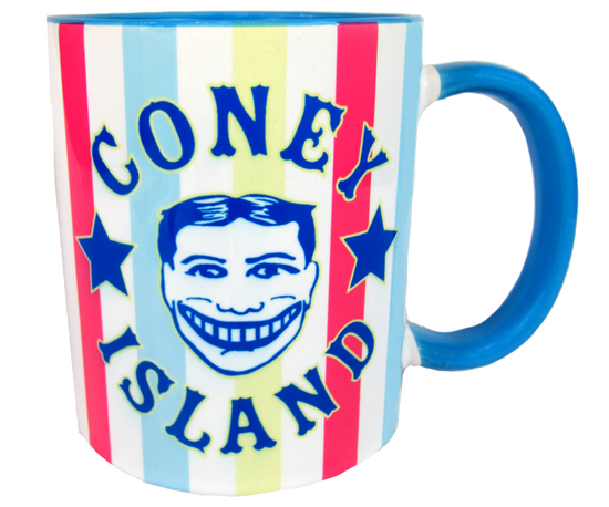 Coney Island mug, Coney Island print with a funny face Steeplechase design on a rainbow striped background with a blue handle and interior, handmade mug, handmade gifts made in Brooklyn NY