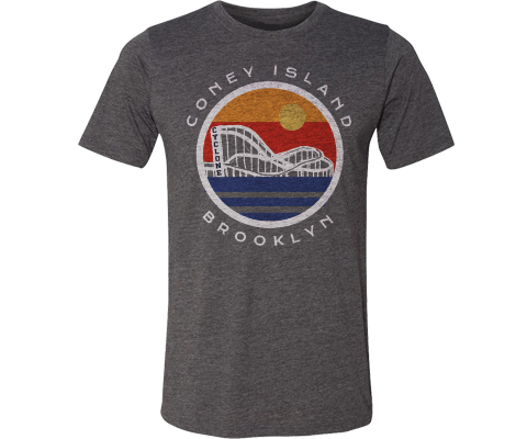 Coney Island t-shirt for adults with a colorful Ocean Design and globe on a heather gray t-shirt, handmade gifts for everyone made in Brooklyn NY 