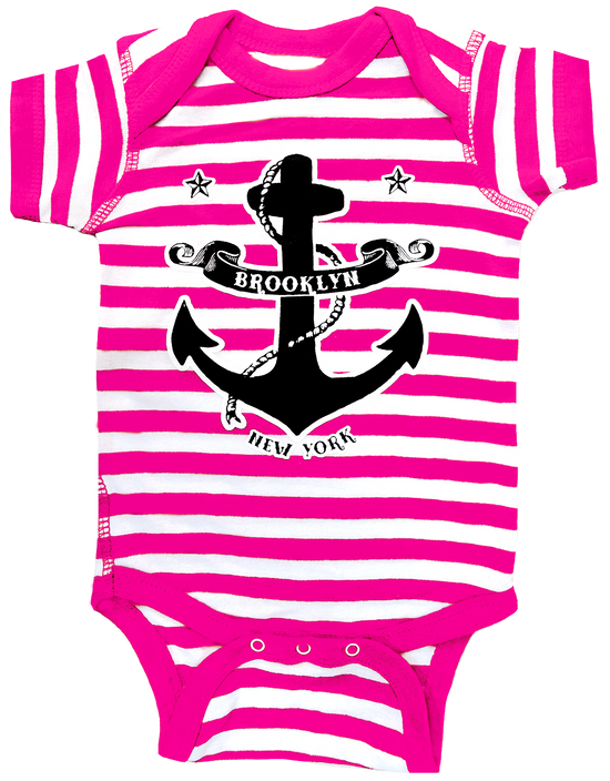 The coolest Brooklyn onesie. Hot pink stripes with an anchor design on a baby girls onesie. Handmade gifts for babies and parents to be made in Brooklyn New York.