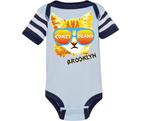Coney Island Baby Onesie, adorable Red Cat design on a striped blue babies onesie, handmade gifts for babies made in Brooklyn NY