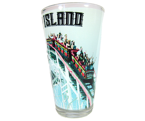  Coney Island Pines glass, fun Cyclone roller coaster design on a handmade pint glass, handmade gifts for everyone made in Brooklyn NY