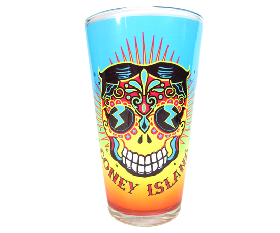  Coney Island pint glass, vibrant, colorful Tillie Day of the Dead design on a handmade pint glass, handmade gifts made in Brooklyn NY